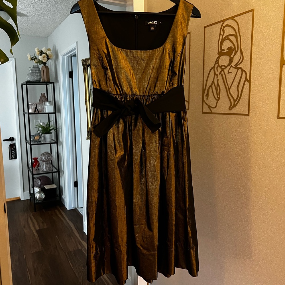 DKNY Metallic Gold Midi Dress with Black Accent